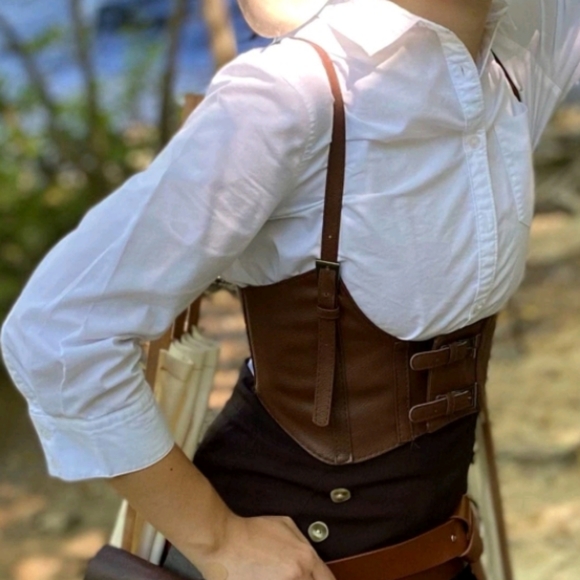 Brown wide waist belt faux leather corset harness buckle suspenders steampunk - Picture 8 of 16
